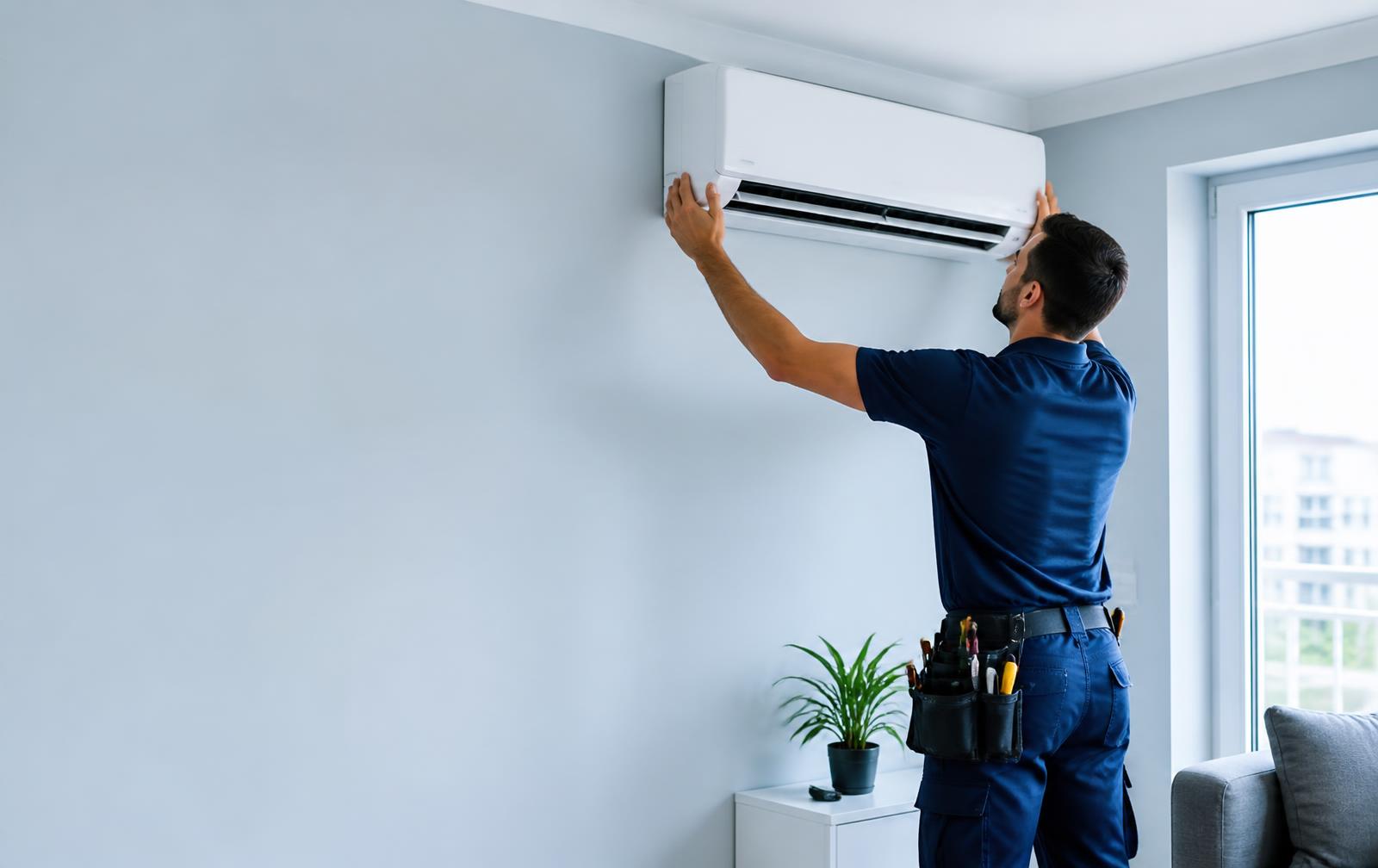 Técnico da VAC instalando ar-condicionado split em residência